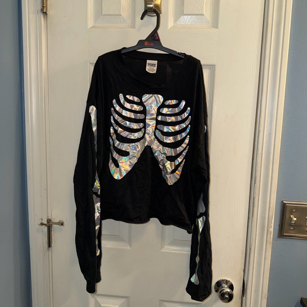 PINK Victoria's Secret Black Long Sleeve Tee with Silver Skeleton Design